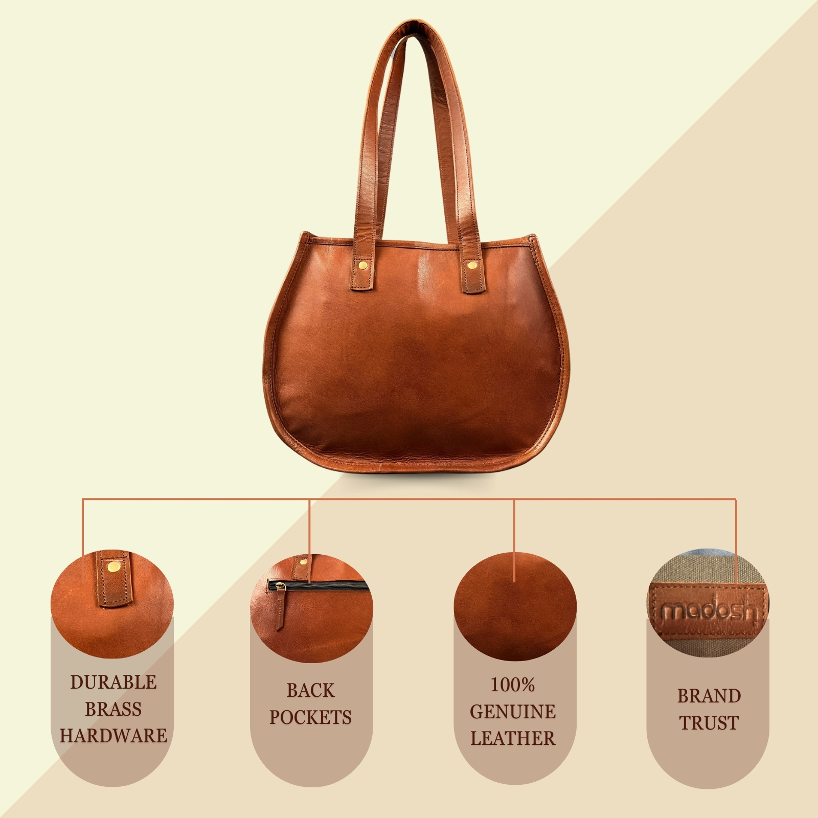 Madosh, Genuine Leather Classic Brown Half Moon Shoulder Tote Style Fashion Sleek Everyday Handbag Purse for Women